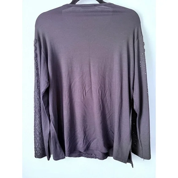 Women's Navy‎ Blue Embellished Long Sleeve Top Size Medium Rhinestones Lace - Picture 8 of 8